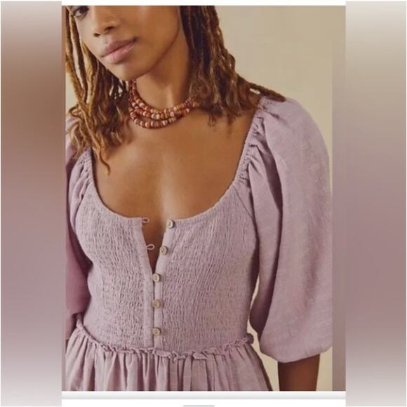 Free People Summer Picnic Smocked Balloon Sleeve Mini Dress in Purple Pink - Picture 14 of 15